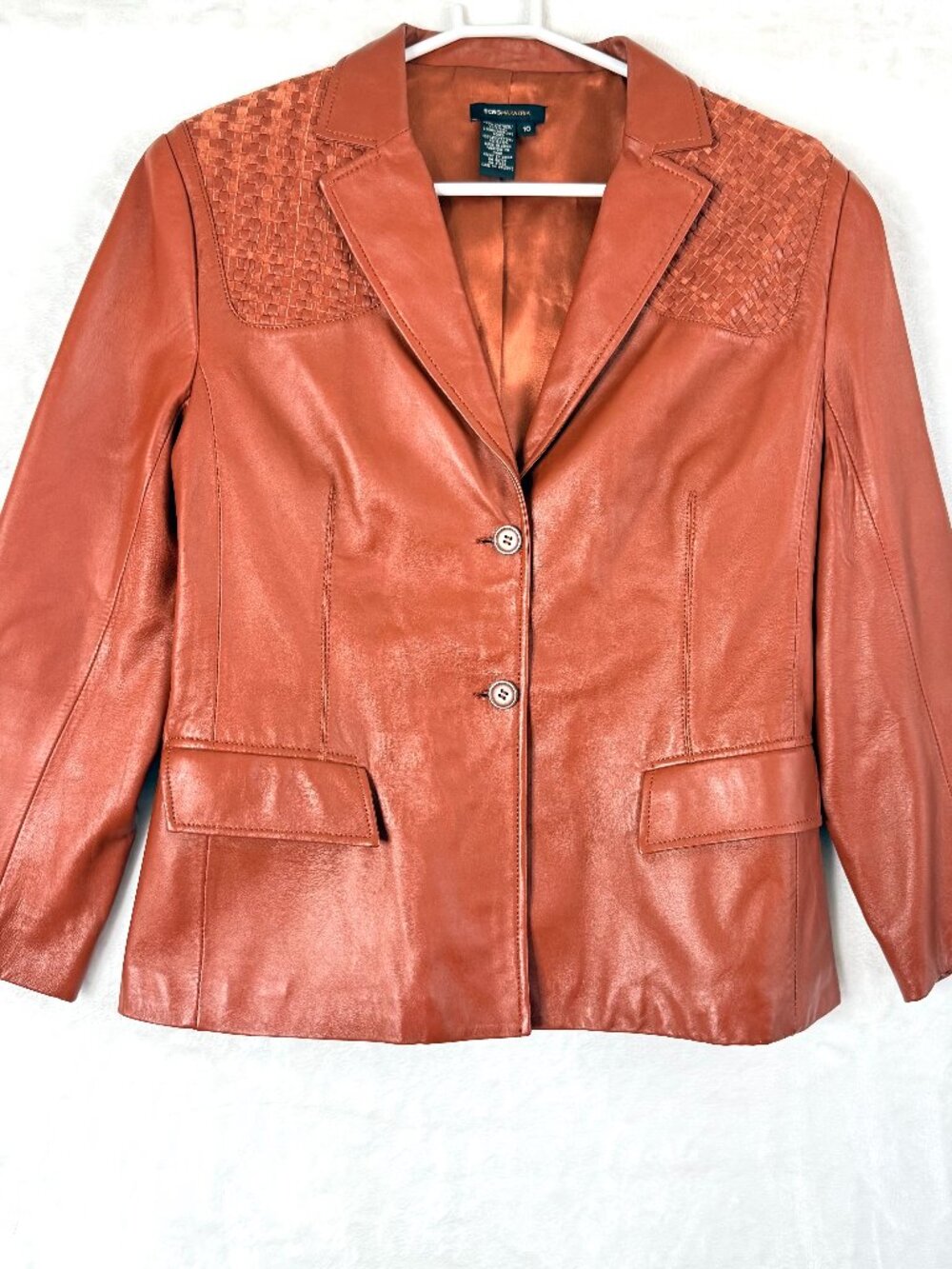 BCBG Maxazria Hank Woven Leather Coat Blazer 10 Brown Statement Winter Chic